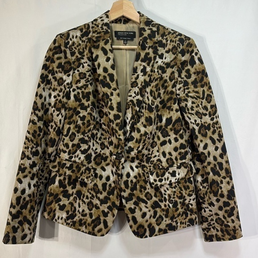 ♣️ Jones New York collection stretch, cotton animal, print single button blazer